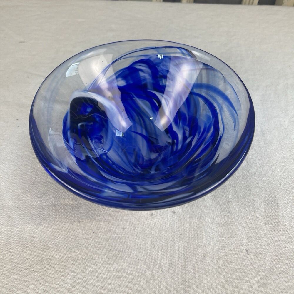 Kosta Boda Swedish Art Glass Bowl Cobalt Blue Swirl Signed Modern Scandinavian